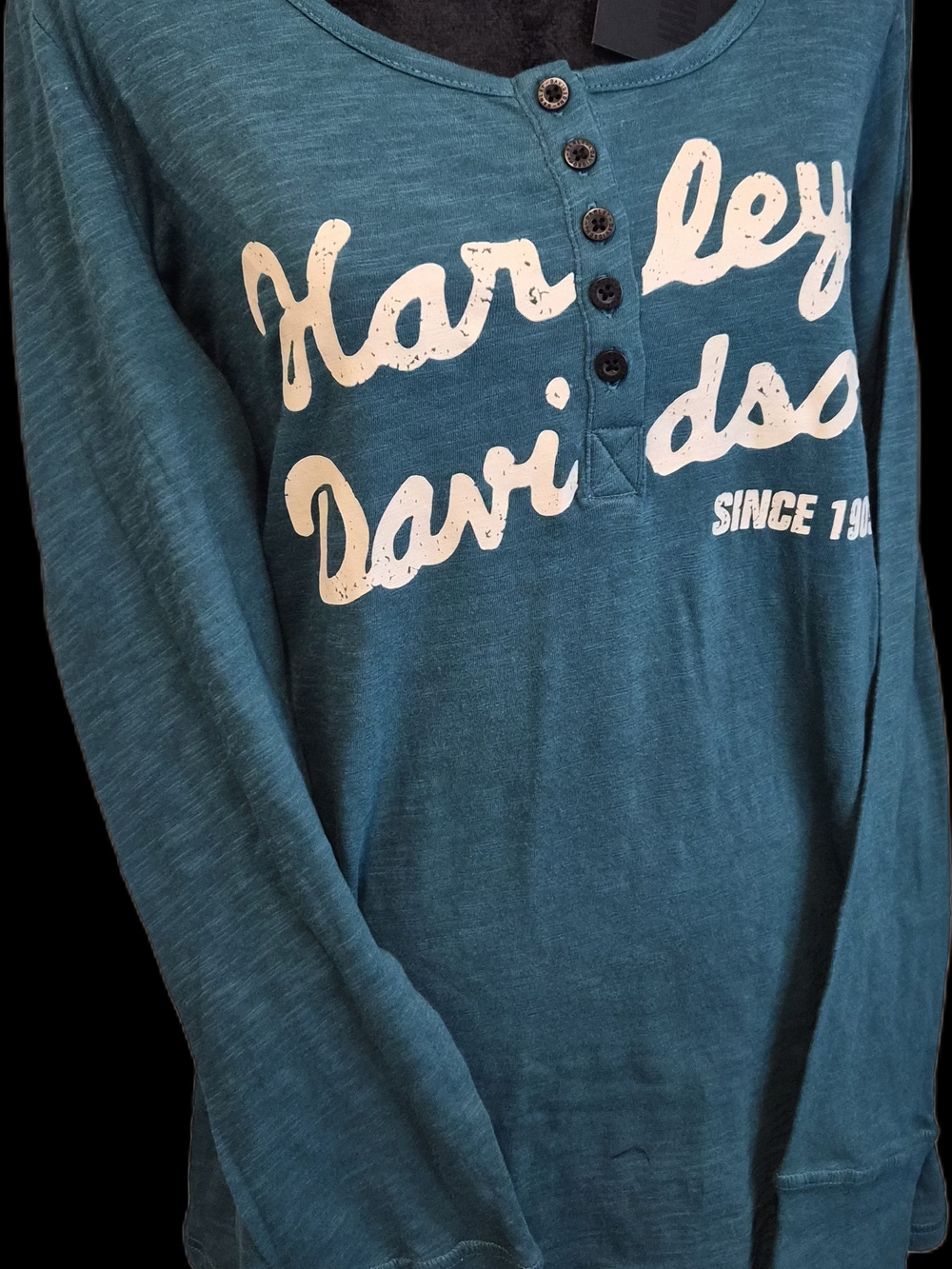 Harley-Davidson Teal Long Sleeve Henley with White Script Logo ~ Sz L